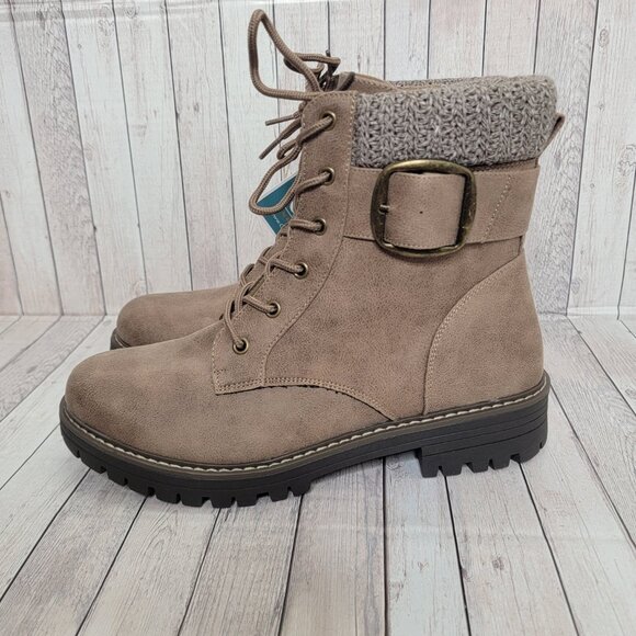NWB Cliffs by White Mountain Mentor Knit Collar Combat Boot Stone Tan Brown - Picture 3 of 9